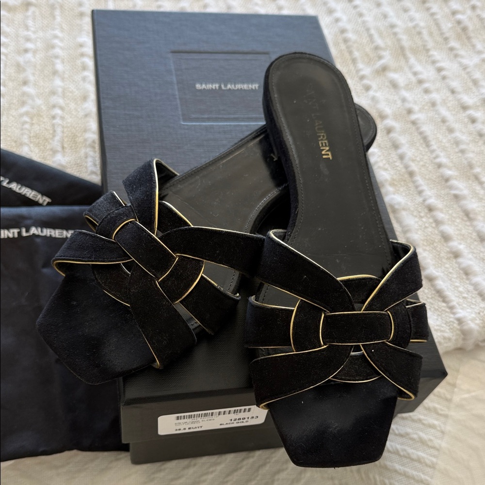 Saint Laurent Triumph Black Suede Slide Sandals with Gold Piping 38.5